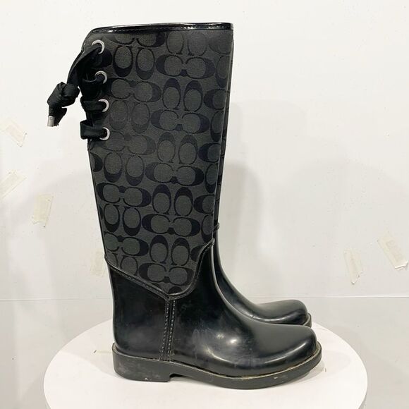 Coach Logo Tristee Rain Boots Black Womens Sz 7B Lace Back Outdoor Canvas A7431 - Picture 1 of 12